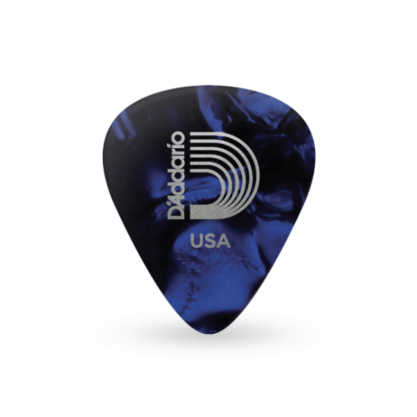 D'Addario 1CBK2-10 ist eine 10er-Packung hochwertiger Zelluloid-Gitarren-Picks, blaue Perle, light.